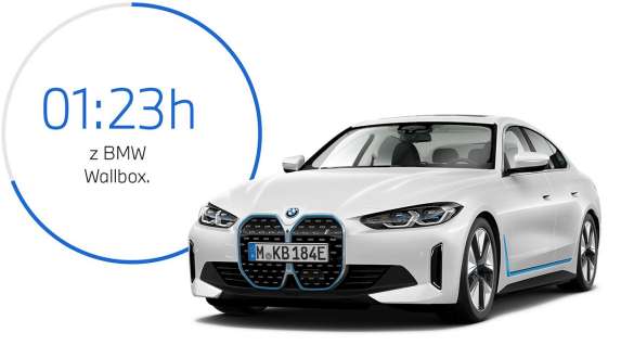 BMW i4 eDrive40 G26 2021 przedni półprofil z grafiką dot. czasu ładowania BMW i4 eDrive40 G26 2021 przedni półprofil z grafiką dot. czasu ładowania