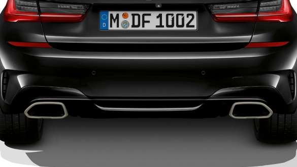 Ekskluzywne końcówki rur wydechowych, BMW M340i xDrive Limuzyna G20 2020 BMW M340i xDrive Limuzyna G20 2020, szafirowoczarny metalizowany, ekskluzywne końcówki rur wydechowych, zbliżenie