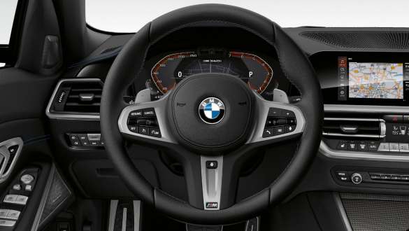 Adaptacyjny sportowy układ kierowniczy, BMW M340i xDrive Limuzyna G20 2020 Adaptacyjny sportowy układ kierowniczy BMW M340i xDrive Limuzyna G20 2020, szafirowoczarny metalizowany, kokpit, wnętrze