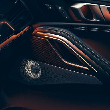 Głośnik w BMW X6. Zbliżenie wnętrza BMW z widokiem głośnika.