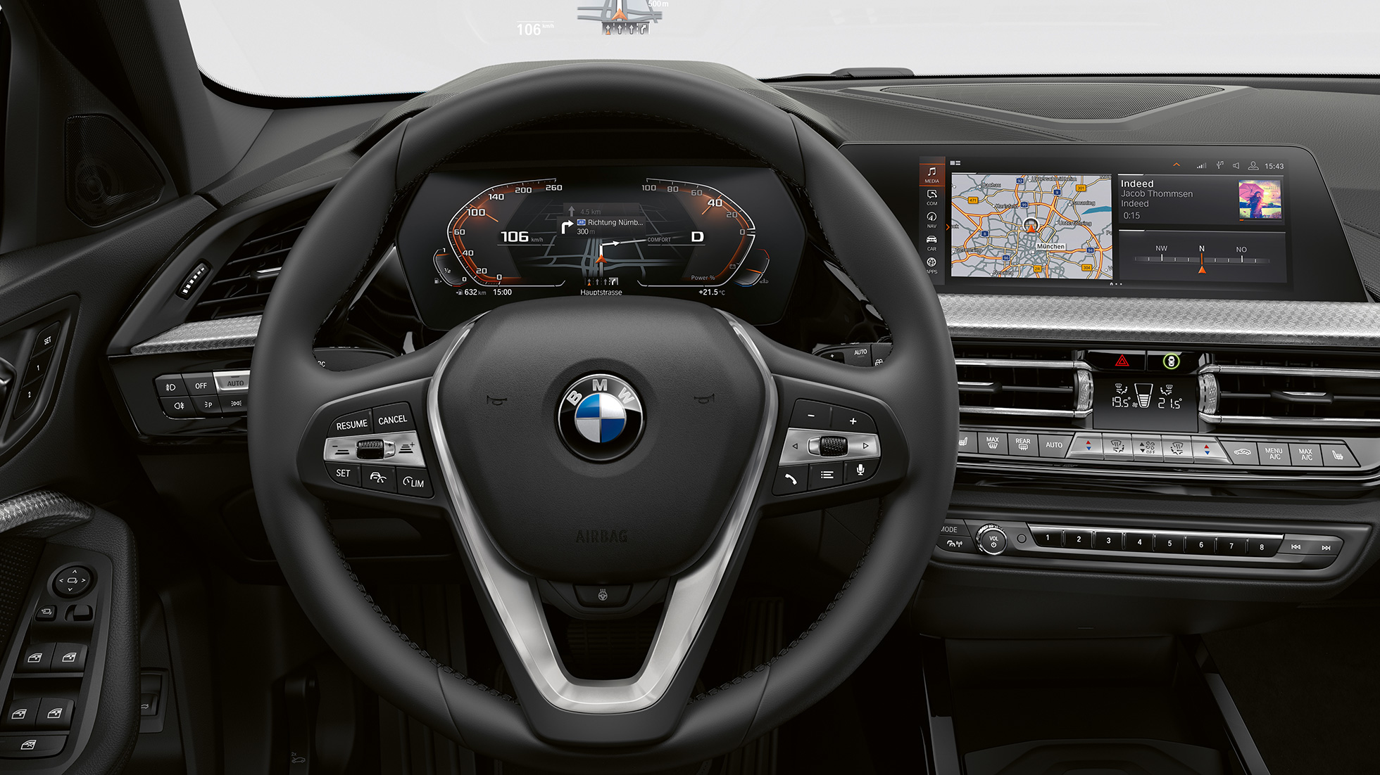 BMW serii 1, model Luxury Line, kokpit ze sportową kierownicą skórzaną.