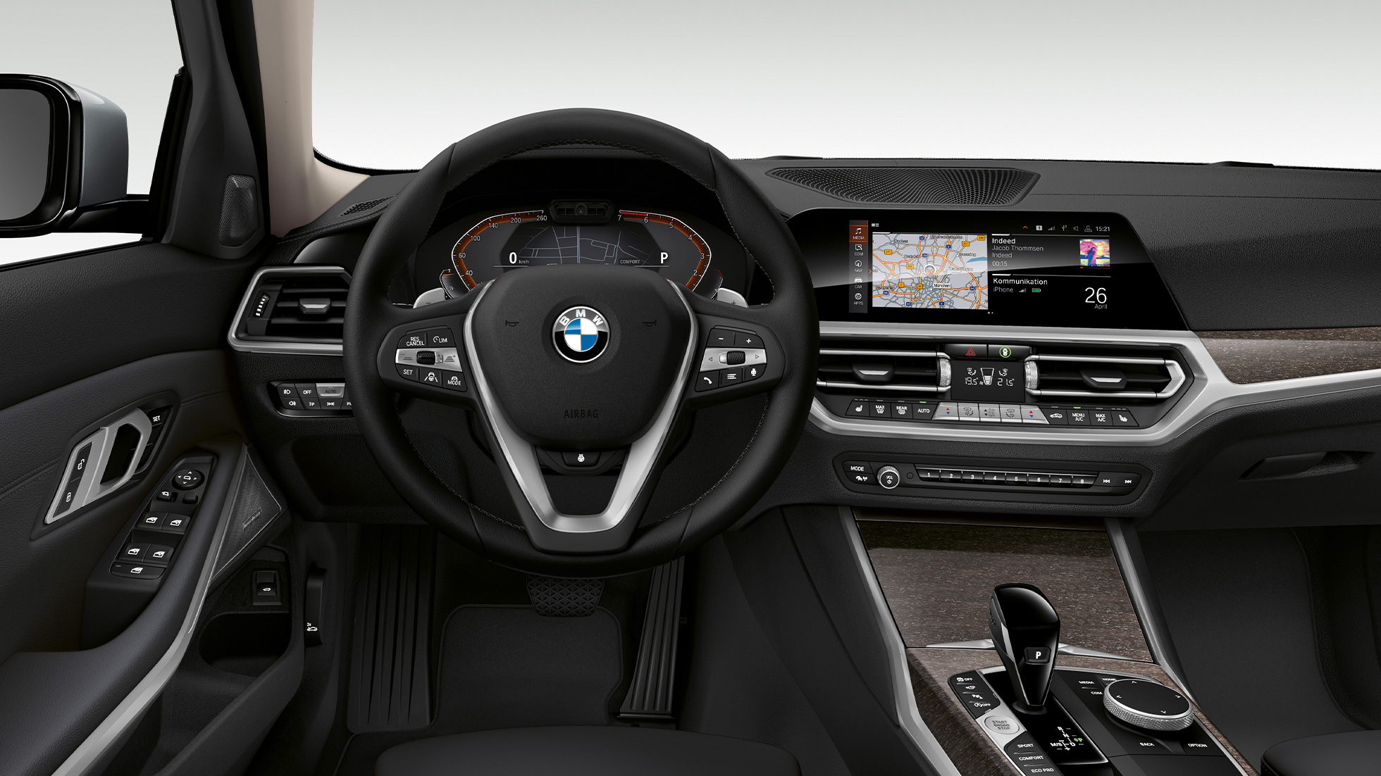 BMW serii 3 Limuzyna Model Luxury Line deska rozdzielcza. Zbliżenie na deskę rozdzielczą kierowcy BMW serii 3 Limuzyna w wyposażeniu Model Luxury Line