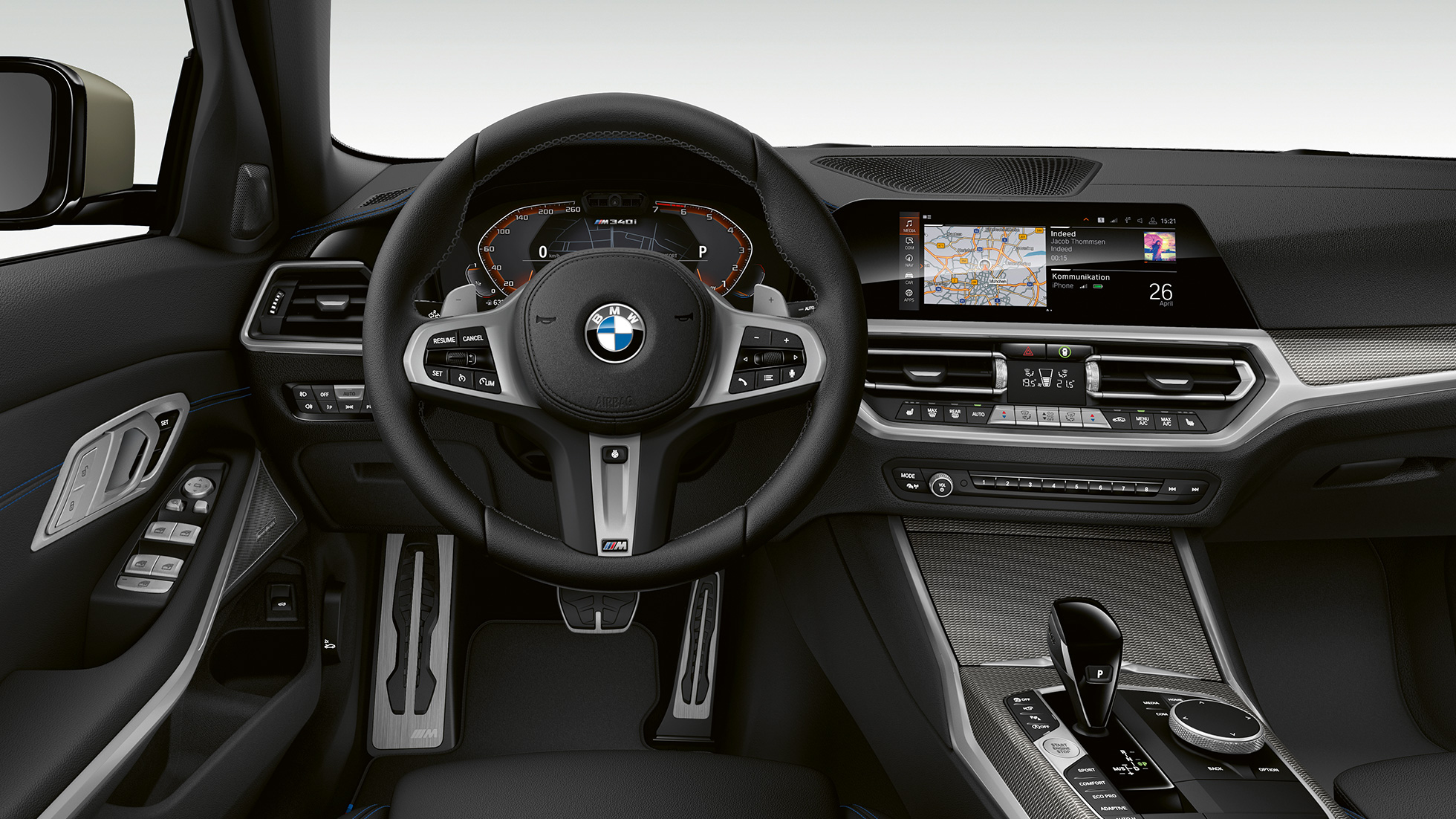 Deska rozdzielcza BMW serii 3 Limuzyna M340i xDrive Zbliżenie na deskę rozdzielczą BMW serii 3 Limuzyna M340i xDrive.