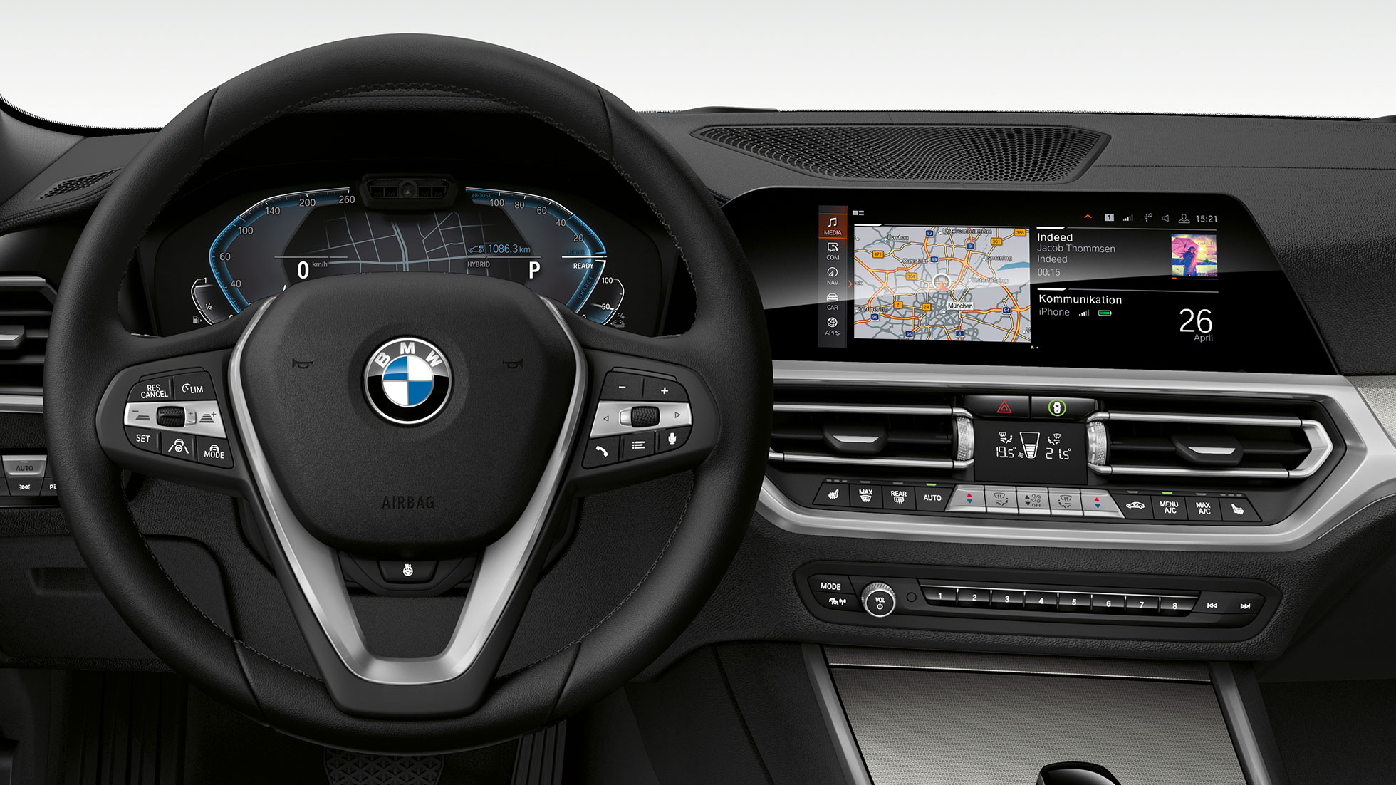 BMW serii 3 Limuzyna, deska rozdzielcza. Szczegółowy widok na deskę rozdzielczą BMW serii 3 Limuzyny z wyświetlaczem i.
