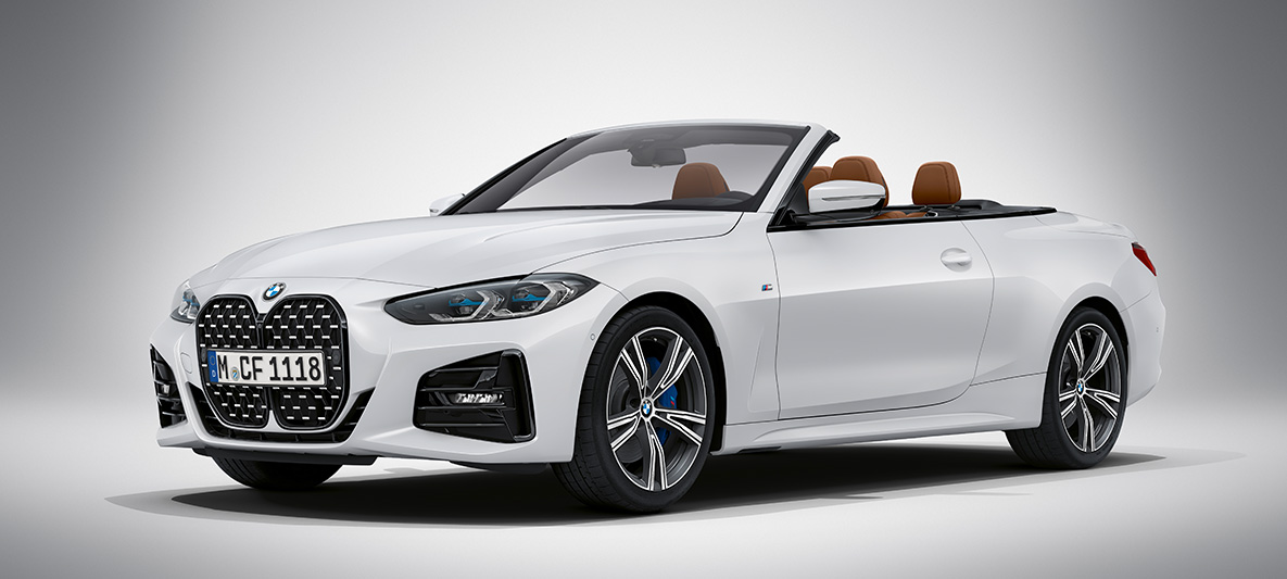 BMW Individual brylantowa biel metalizowany BMW serii 4 Cabrio G23 2020 BMW serii 4 Cabrio Individual brylantowa biel metalizowany G23 2020 przedni półprofil podczas postoju