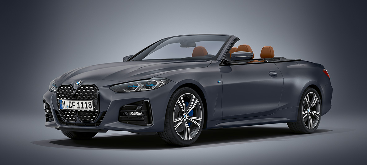 BMW Individual mroźny głęboki szary metalizowany BMW serii 4 Cabrio G23 2020 BMW serii 4 Cabrio Individual mroźny głęboki szary metalizowany G23 2020 przedni półprofil podczas postoju