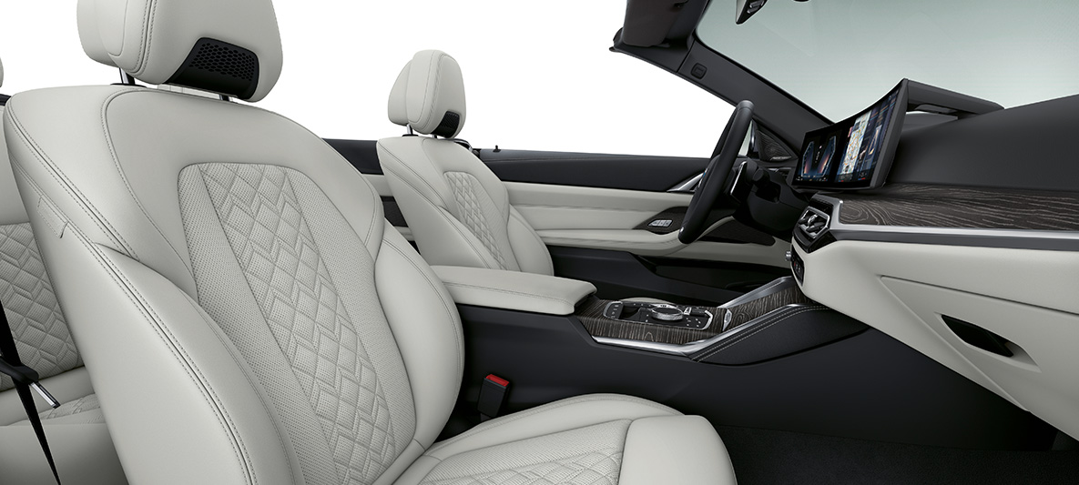 BMW Individual pełna tapicerka skórzana kość słoniowa BMW serii 4 Cabrio Individual G23 2020 wnętrze BMW Individual pełna tapicerka BMW Individual ze skóry Merino kość słoniowa BMW serii 4 Cabrio Individual G23 2020 wnętrze