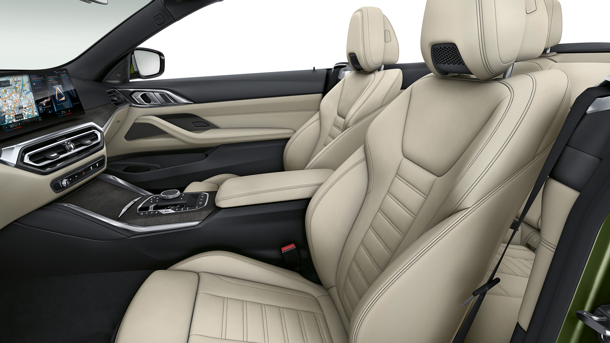 Fotele sportowe BMW serii 4 Cabrio model M Sport G23 2020 Fotele sportowe, tapicerka z ekskluzywnej skóry BMW serii 4 Cabrio G23 2020 model M Sport wnętrze