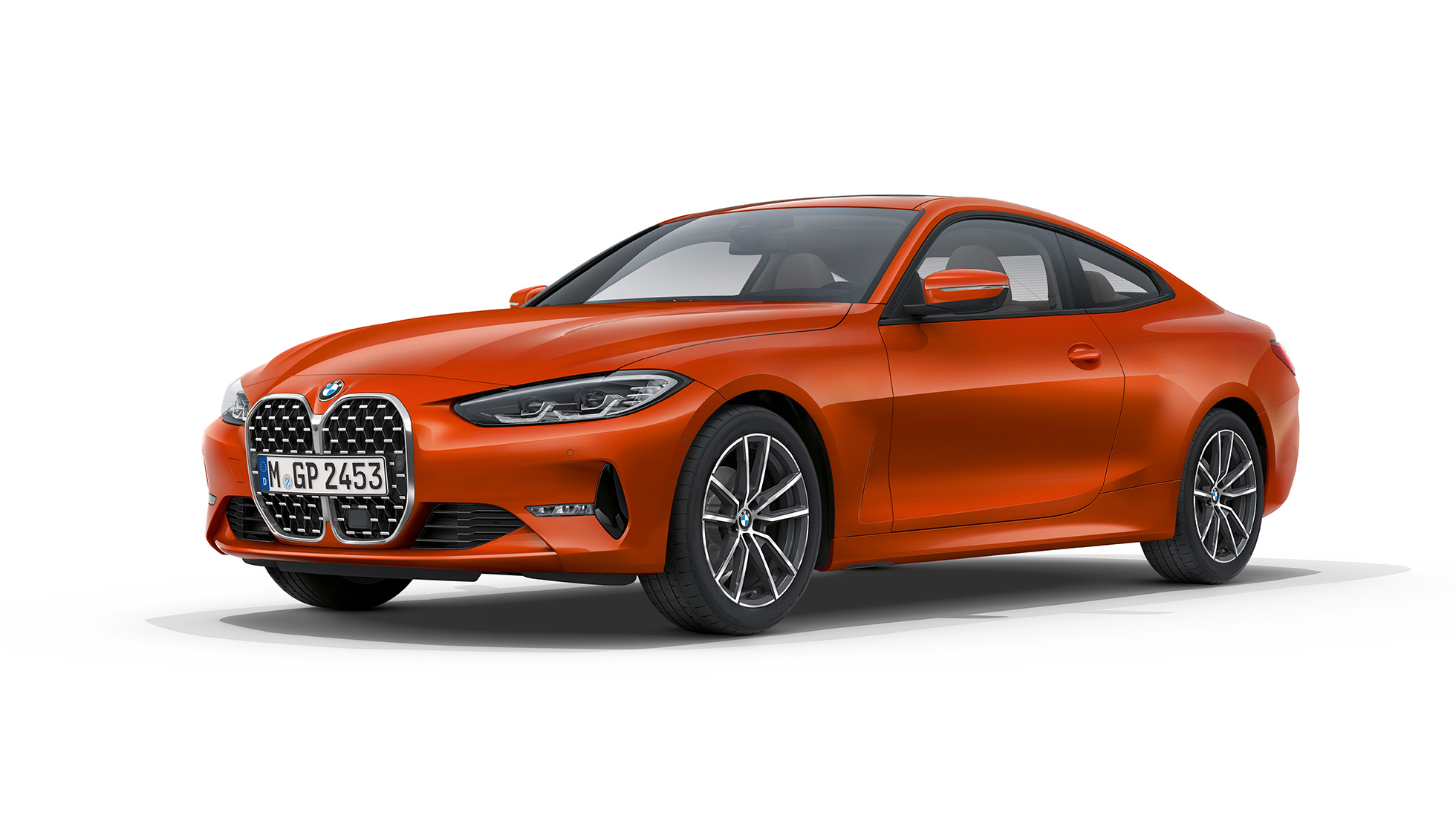 Przedni półprofil BMW serii 4 Coupé w wyposażeniu standardowym, G22 2020, tylny półprofil BMW serii 4 Coupé G22 2020 w wyposażeniu standardowym, pomarańczowy zachód słońca, metalizowany, przedni półprofil