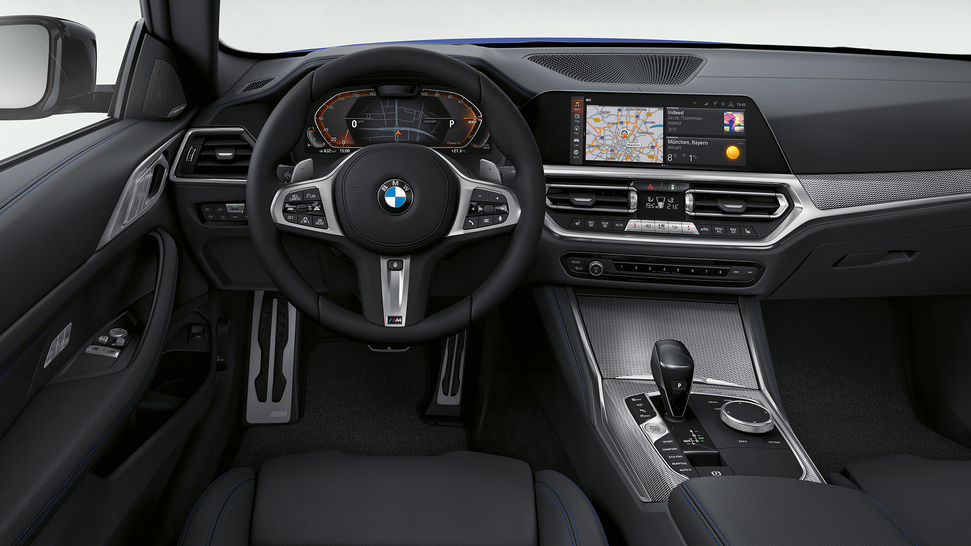Tapicerka BMW serii 4 Coupé, pakiet sportowy M, G22 2020 Tapicerka z ekskluzywnej skóry BMW serii 4 Coupé G22 2020, pakiet sportowy M, wnętrze
