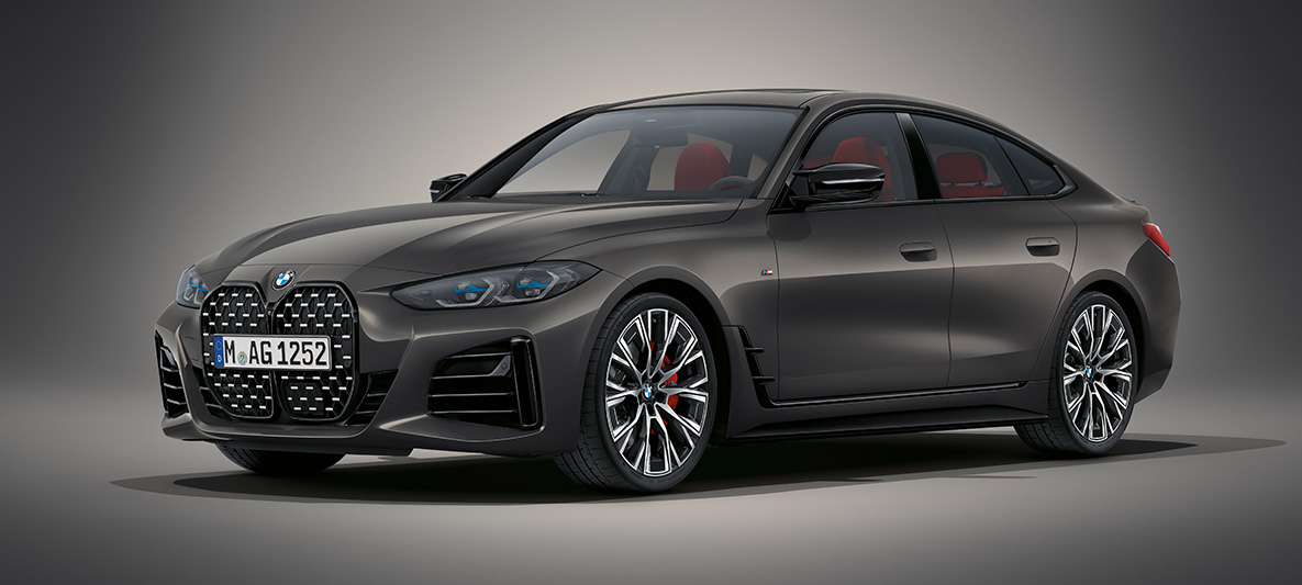 BMW serii 4 Gran Coupé G26 2021 szary drawit BMW Individual metalizowany BMW serii 4 Gran Coupé G26 2021 szary drawit BMW Individual metalizowany przedni półprofil podczas postoju
