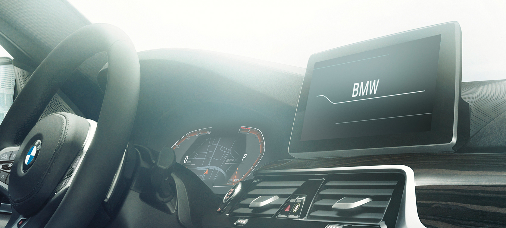Łączność, BMW serii 5 Limuzyna Łączność, BMW serii 5 Limuzyna, 540i Limuzyna G30, bazaltowy metalizowany, zbliżenie kokpitu