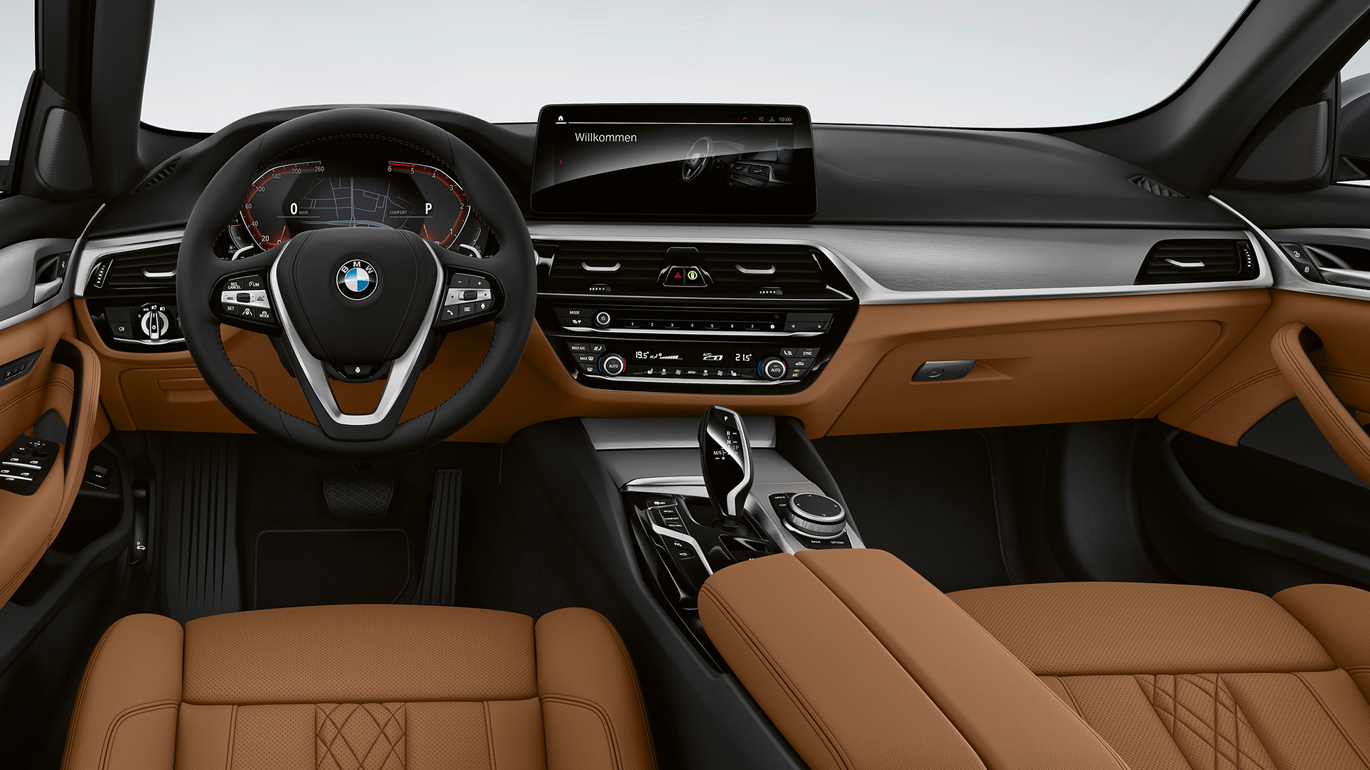 Kokpit BMW serii 5 Limuzyna G30 w wyposażeniu standardowym Kokpit BMW serii 5 Limuzyna 540i G30 2020 w wyposażeniu standardowym, wnętrze w Sensateku w kolorze koniaku