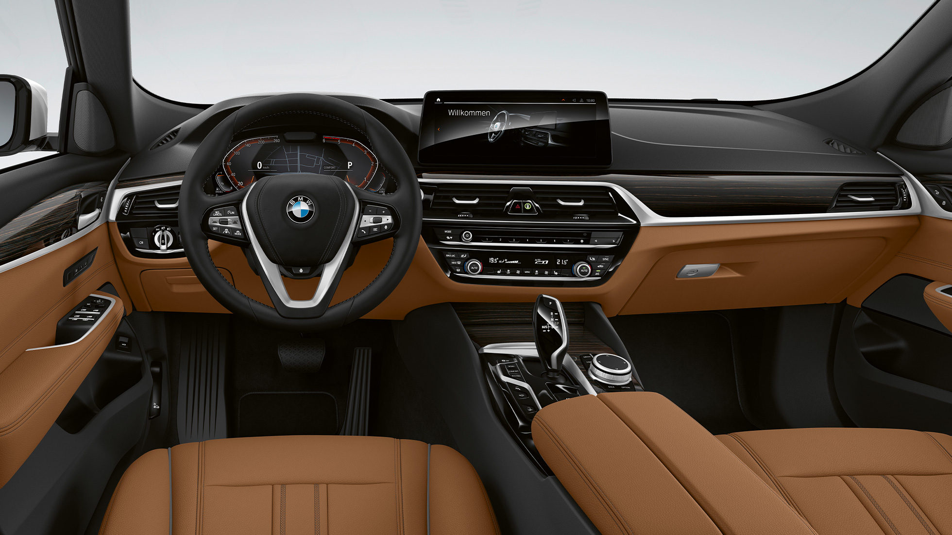 BMW serii 6 Gran Turismo G32 2020, wyposażenie standardowe, deska rozdzielcza BMW serii 6 Gran Turismo G32 620d 2020, wyposażenie standardowe, skóra Dakota w kolorze koniaku, wnętrze czarne