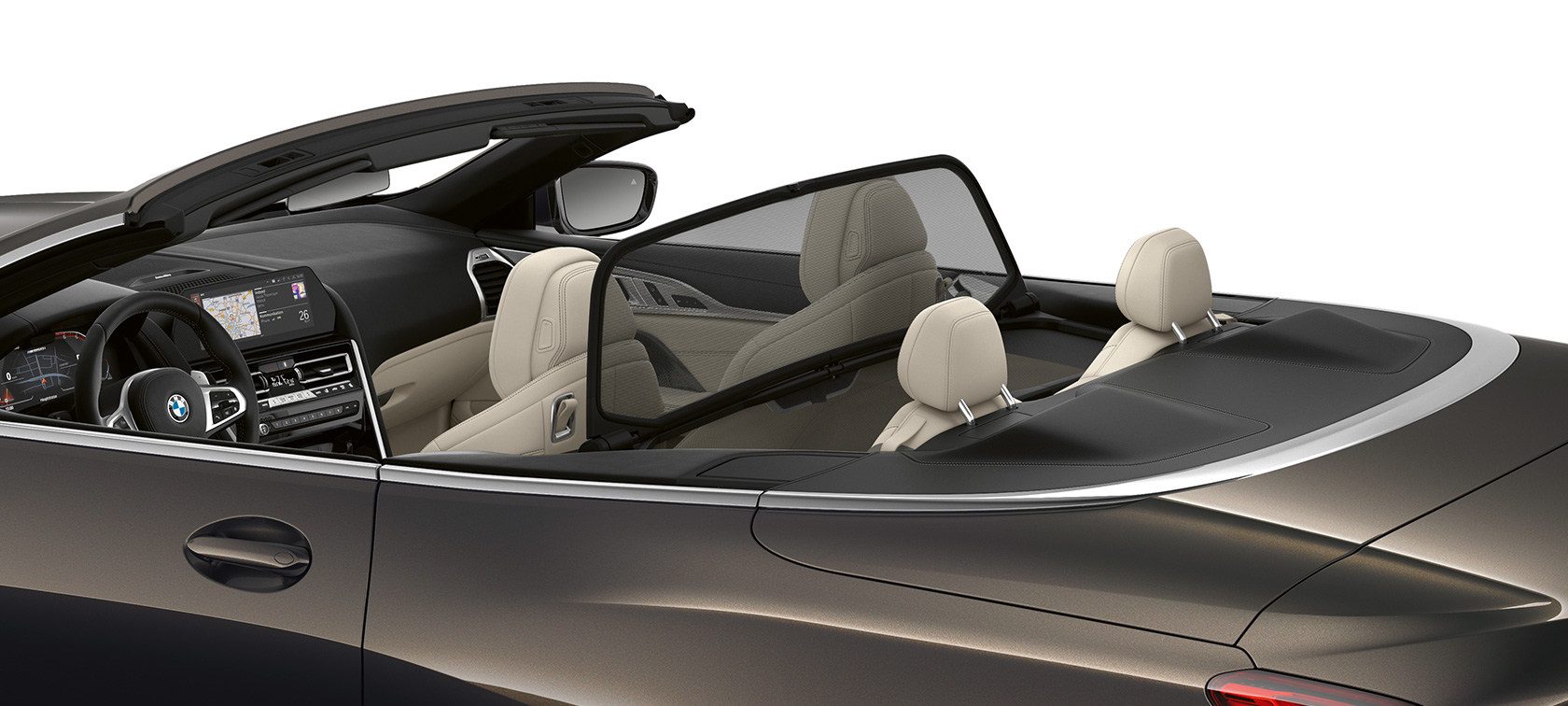 BMW M850i xDrive, szary drawit metalizowany, otwarty dach, widok z boku. BMW M850i xDrive, szary drawit metalizowany, otwarty dach, widok z boku.