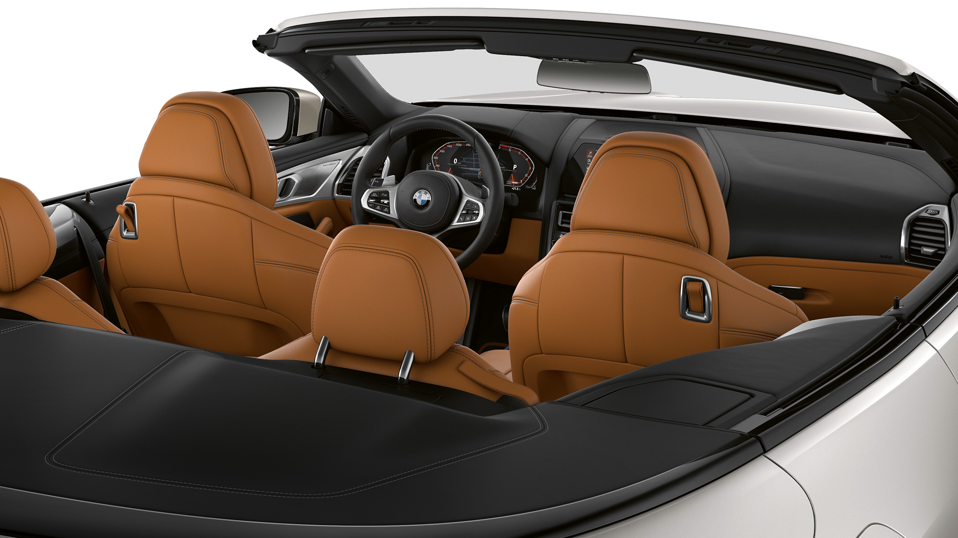 BMW M850i xDrive, wnętrze z otwartym dachem. BMW M850i xDrive, wnętrze z otwartym dachem.