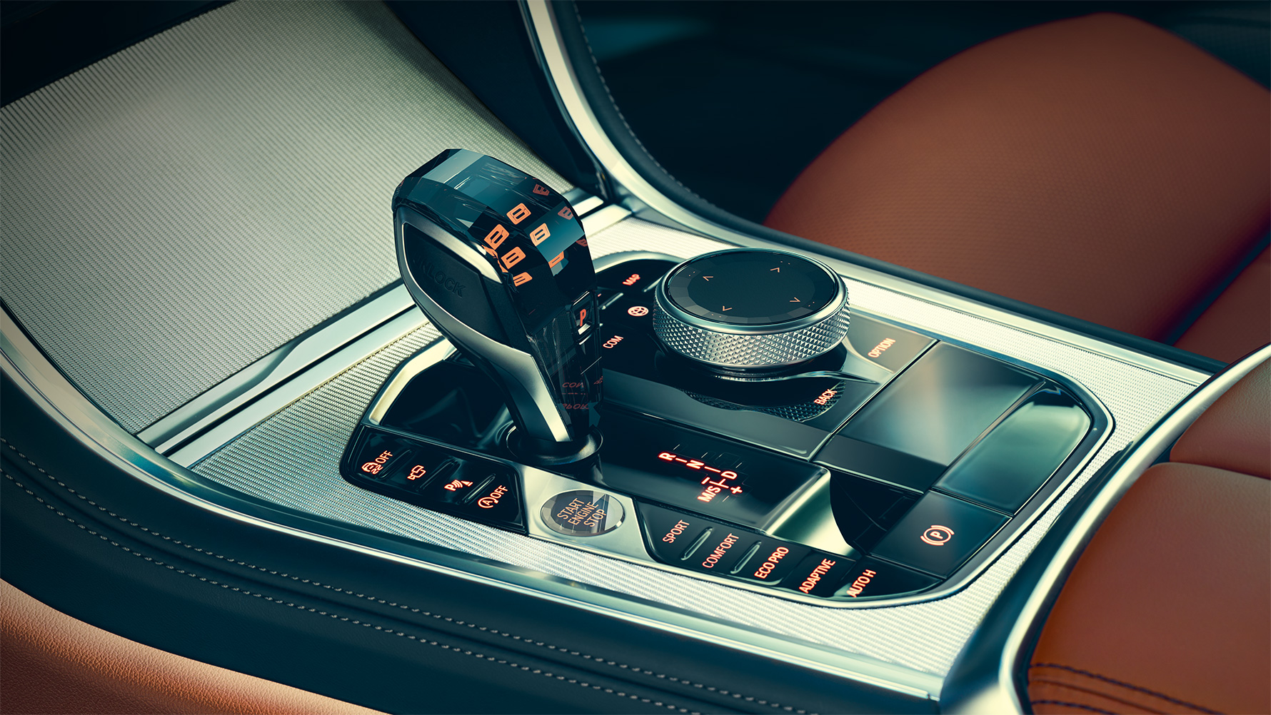 BMW serii 8 Coupé, aplikacje szklane Zbliżenie aplikacji szklanych we wnętrzu BMW serii 8 Coupé.