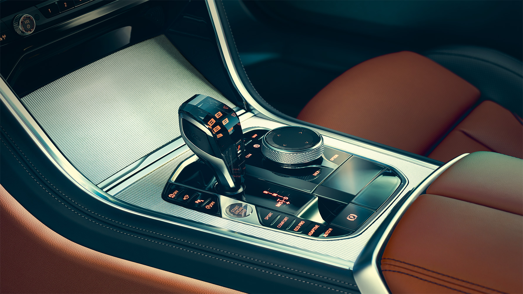 BMW serii 8 Coupé, konsola środkowa Zbliżenie wnętrza BMW serii 8 Coupé z konsolą środkową. Close-up of the BMW 8 Series Coupé interior with a focus on the middle console.