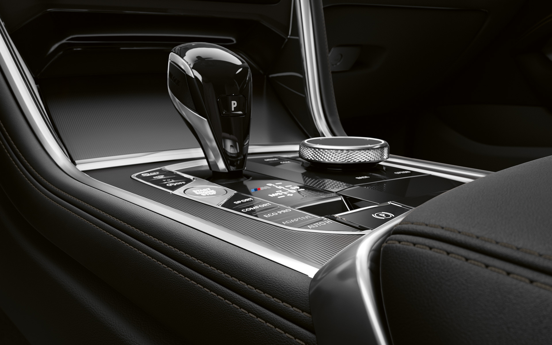 BMW serii 8 Coupé, konsola środkowa Zbliżenie konsoli środkowej BMW serii 8 Coupé.