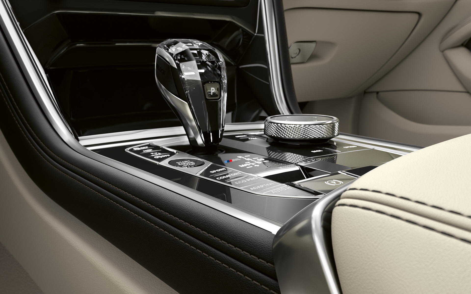 BMW serii 8 Coupé, konsola środkowa Zbliżenie konsoli środkowej BMW serii 8 Coupé.
