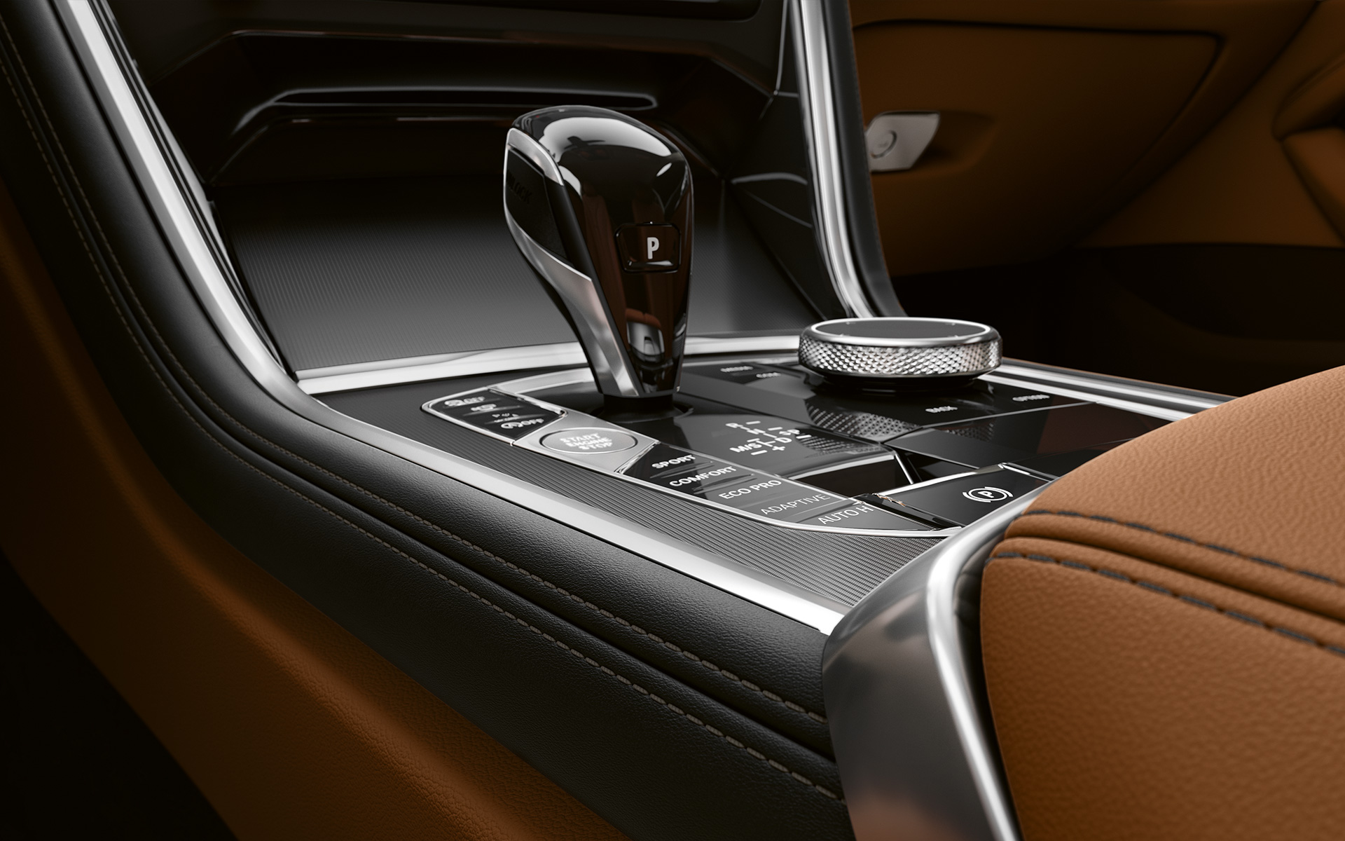 BMW serii 8 Coupé, konsola środkowa Zbliżenie konsoli środkowej BMW serii 8 Coupé.