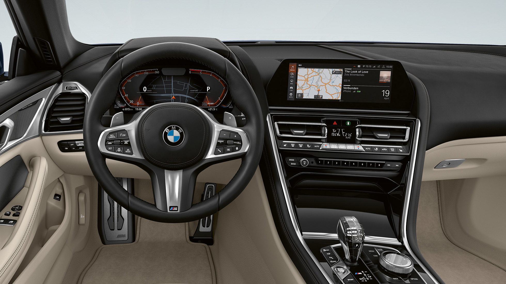 Kierownica skórzana M z przyciskami wielofunkcyjnymi. BMW serii 8 Coupé, kokpit, kierownica skórzana M z przyciskami wielofunkcyjnymi.