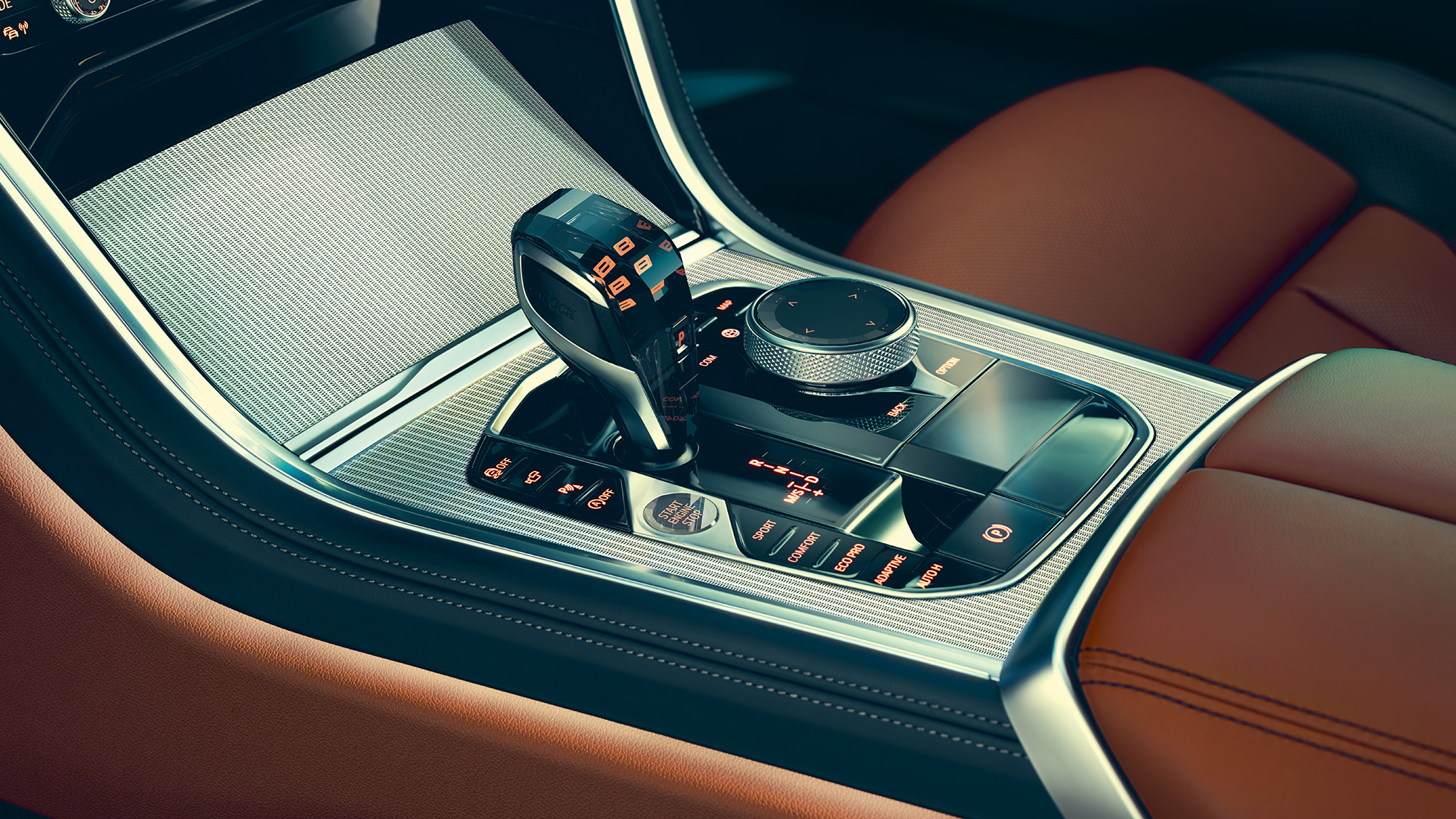 BMW serii 8 Coupé, wnętrze. BMW serii 8 Coupé, wnętrze, zbliżenie dźwigni biegów.