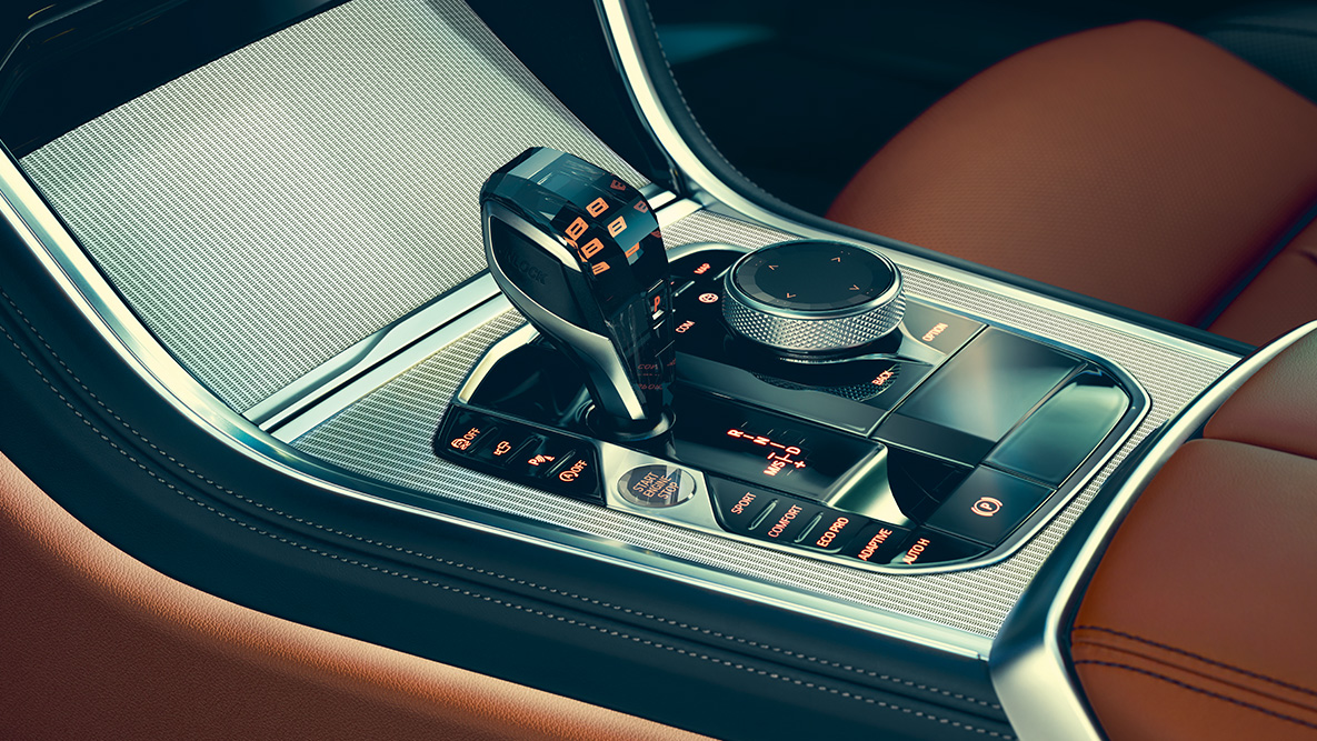 BMW serii 8 Coupé, konsola środkowa. Zbliżenie wnętrza BMW serii 8 Coupé z konsolą środkową.