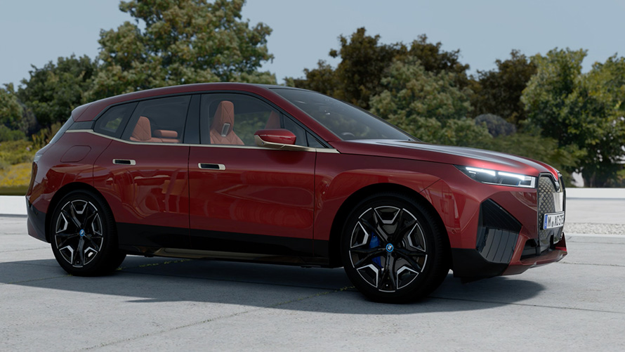 BMW iX i20 elektryczny SUV lakier w kolorze czerwonego awenturynu BMW iX i20 2021 elektryczny SUV lakier w kolorze czerwonego awenturynu