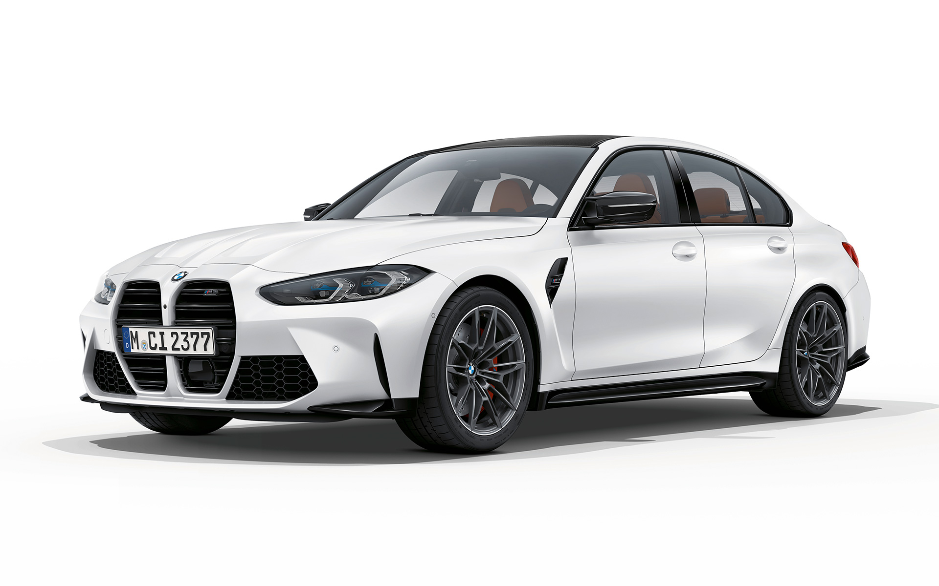 BMW M3 Competition G80 2020 mroźna brylantowa biel metalizowany przedni półprofil