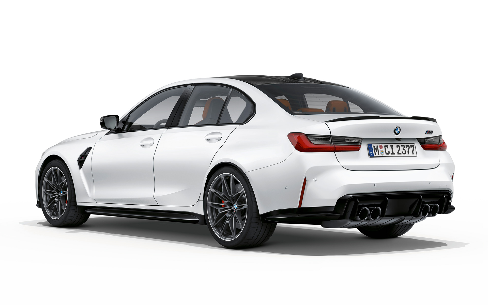 BMW M3 Competition G80 2020 mroźna brylantowa biel metalizowany tylny półprofil