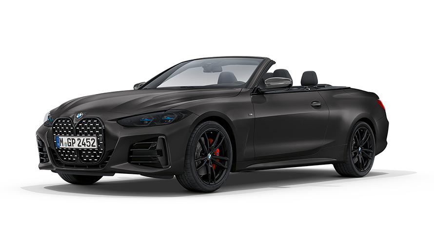 BMW M440i xDrive Cabrio G23 2020 BMW Individual mroźny głęboki szary metalizowany przedni półprofil przy otwartym miękkim dachu