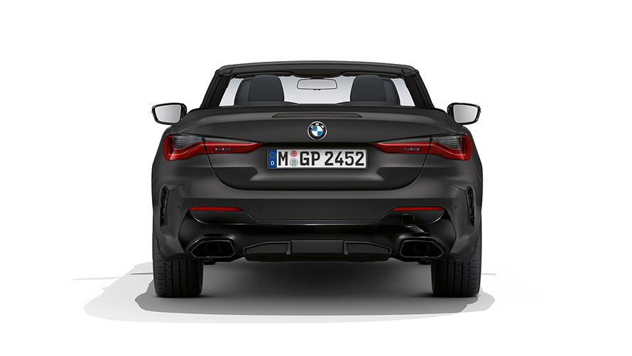 BMW M440i xDrive Cabrio G23 2020 BMW Individual mroźny głęboki szary metalizowany widok z tyłu przy otwartym miękkim dachu