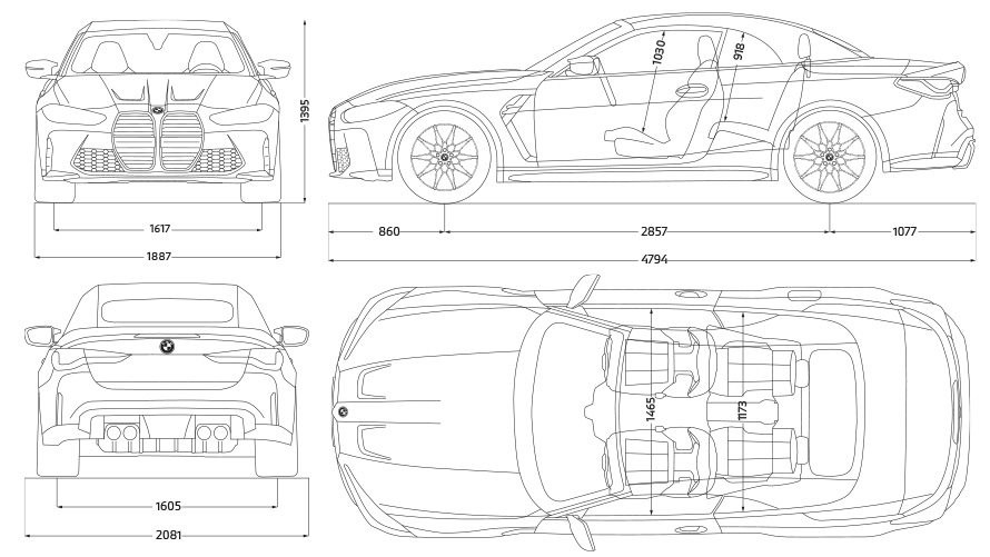 BMW M4 Cabrio Competition z M xDrive G83 2021 rysunek widok z boku BMW M4 Cabrio Competition z M xDrive G83 2021 rysunek wymiary widok z boku