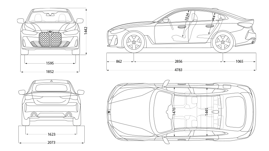 BMW M440i xDrive Gran Coupé G26 2021 szkic z danymi BMW M440i xDrive Gran Coupé G26 2021 szkic z danymi