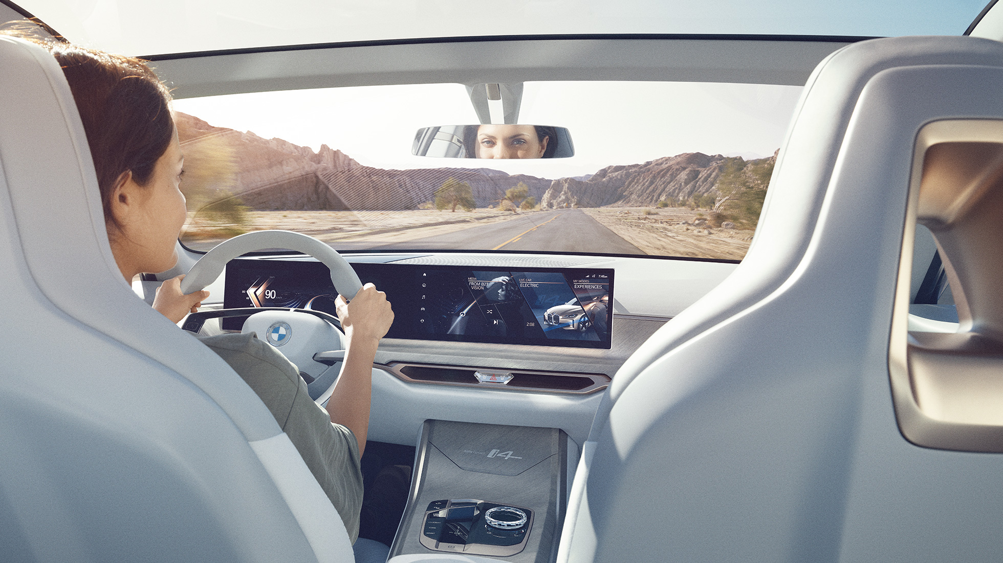 Curved Display BMW Concept i4 2020 G26 BMW Concept i4 2020 G26, samochód elektryczny, w pełni elektryczne BMW Gran Coupé, ekran Curved Display