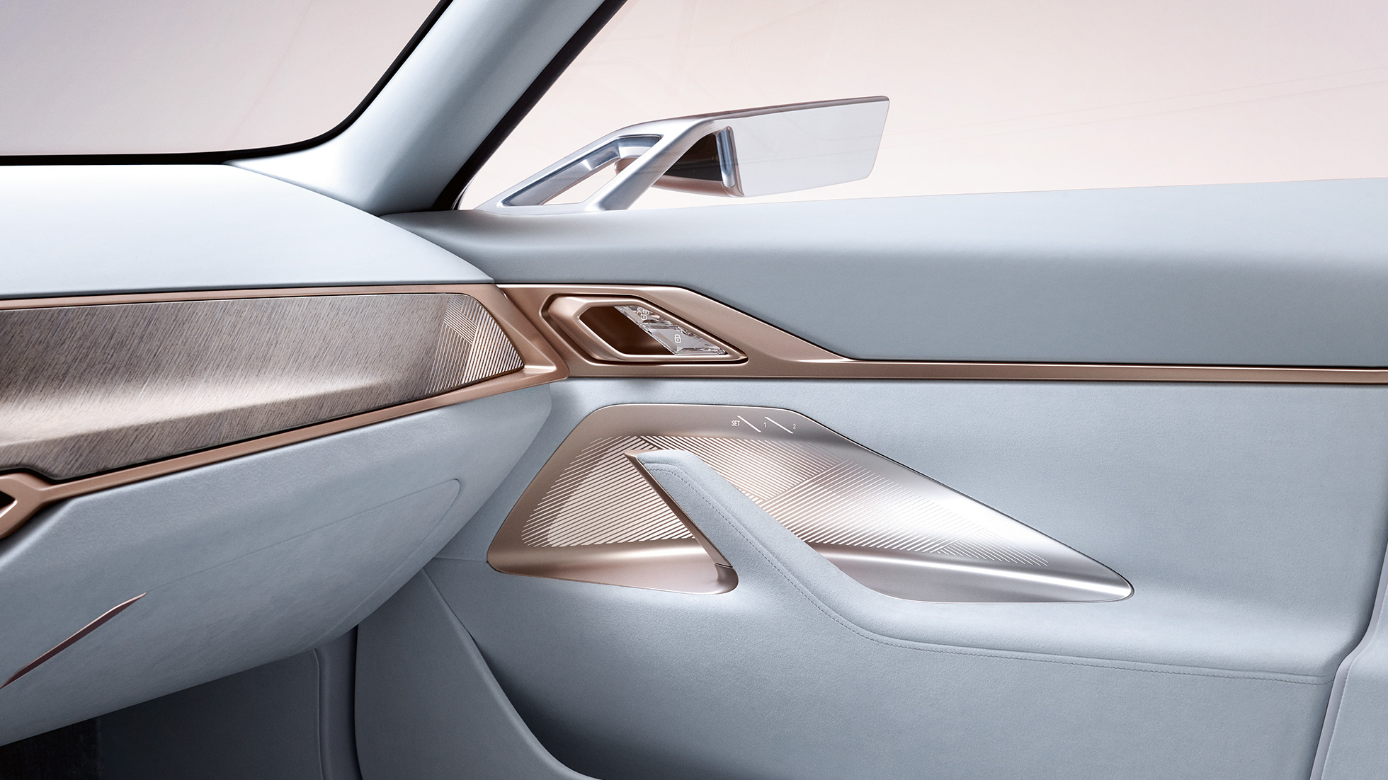 Wnętrze 4 BMW Concept i4 2020 G26 Wnętrze 4 BMW Concept i4 2020 G26, samochód elektryczny, w pełni elektryczne BMW Gran Coupé, zbliżenie drzwi z lusterkiem zewnętrznym