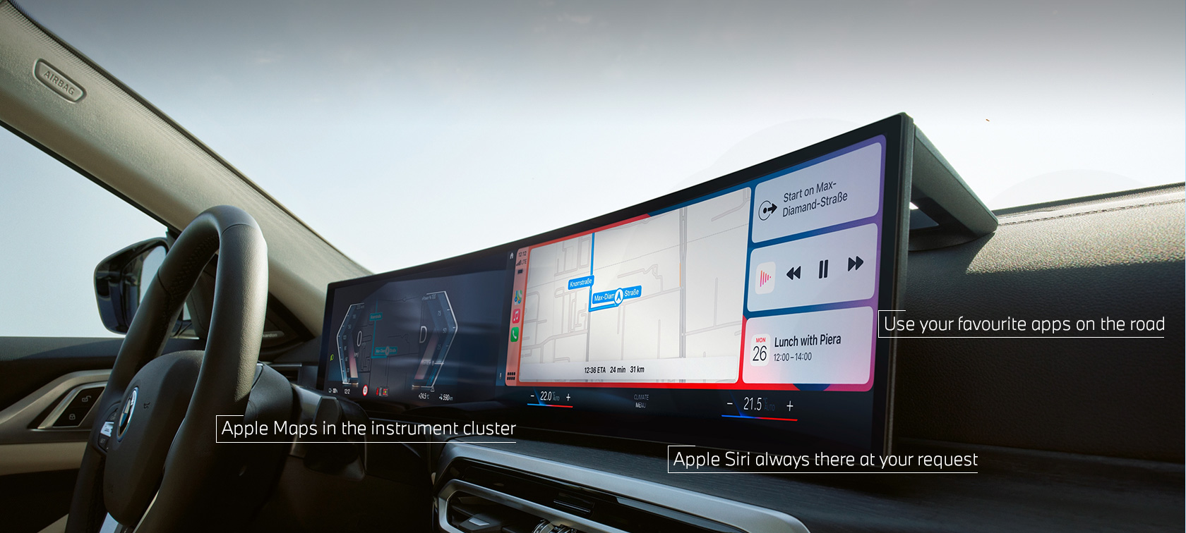 Menu Apple CarPlay® na zakrzywionym ekranie BMW Menu Apple CarPlay® na zakrzywionym ekranie BMW w BMW ConnectedDrive
