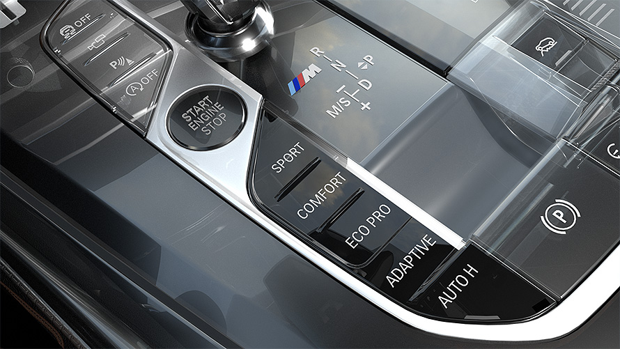 Przełącznik właściwości jezdnych BMW Zbliżenie przełącznika właściwości jezdnych z trybem ECO PRO w BMW X5.