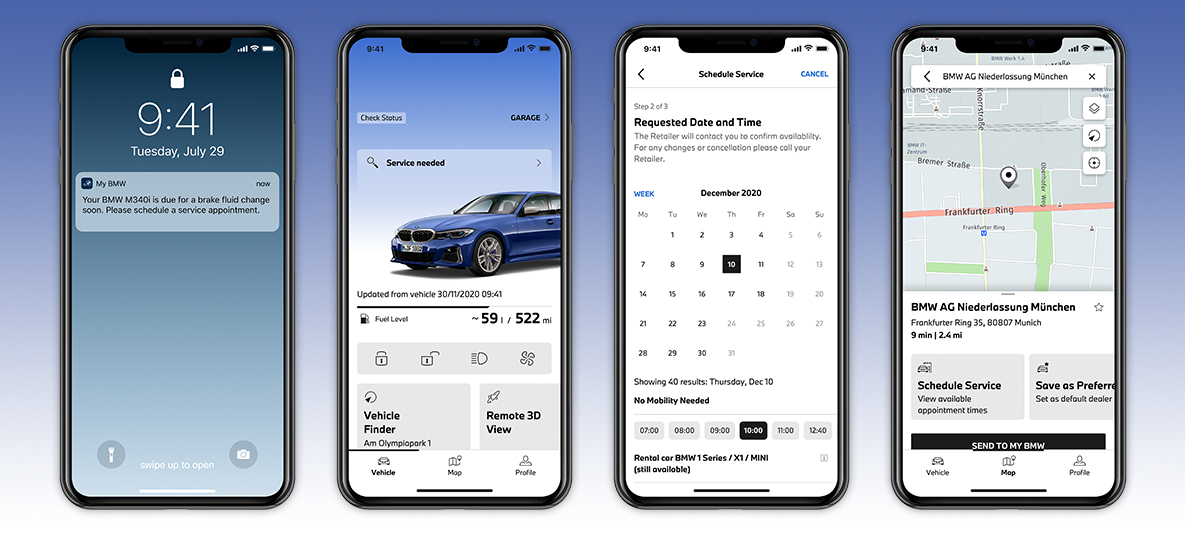 Aplikacja My BMW, zarządzanie serwisem, ekran smartfona Aplikacja My BMW, zarządzanie serwisem, ekran smartfona